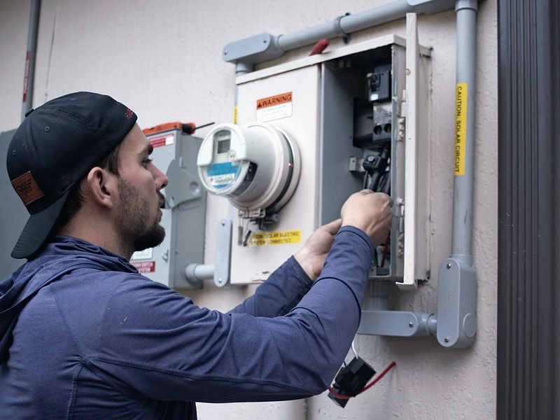 Technician working inside an electrical panel